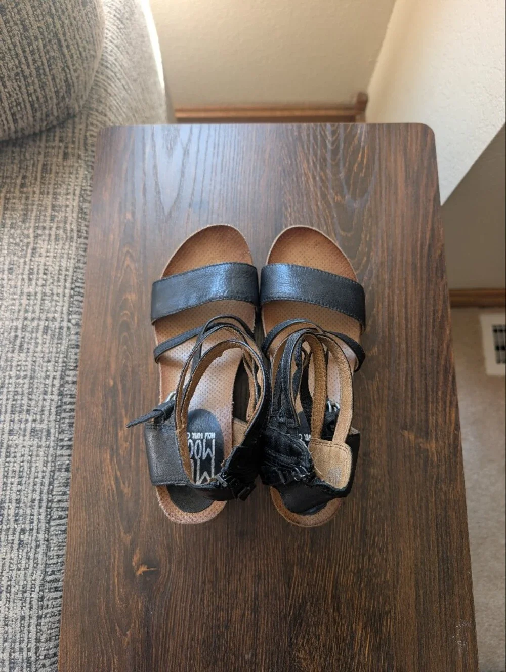 Miz Mooz Shay Black Leather Strappy Wedge Sandals